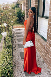 Red Spaghetti Strap Evening Dress with Slit